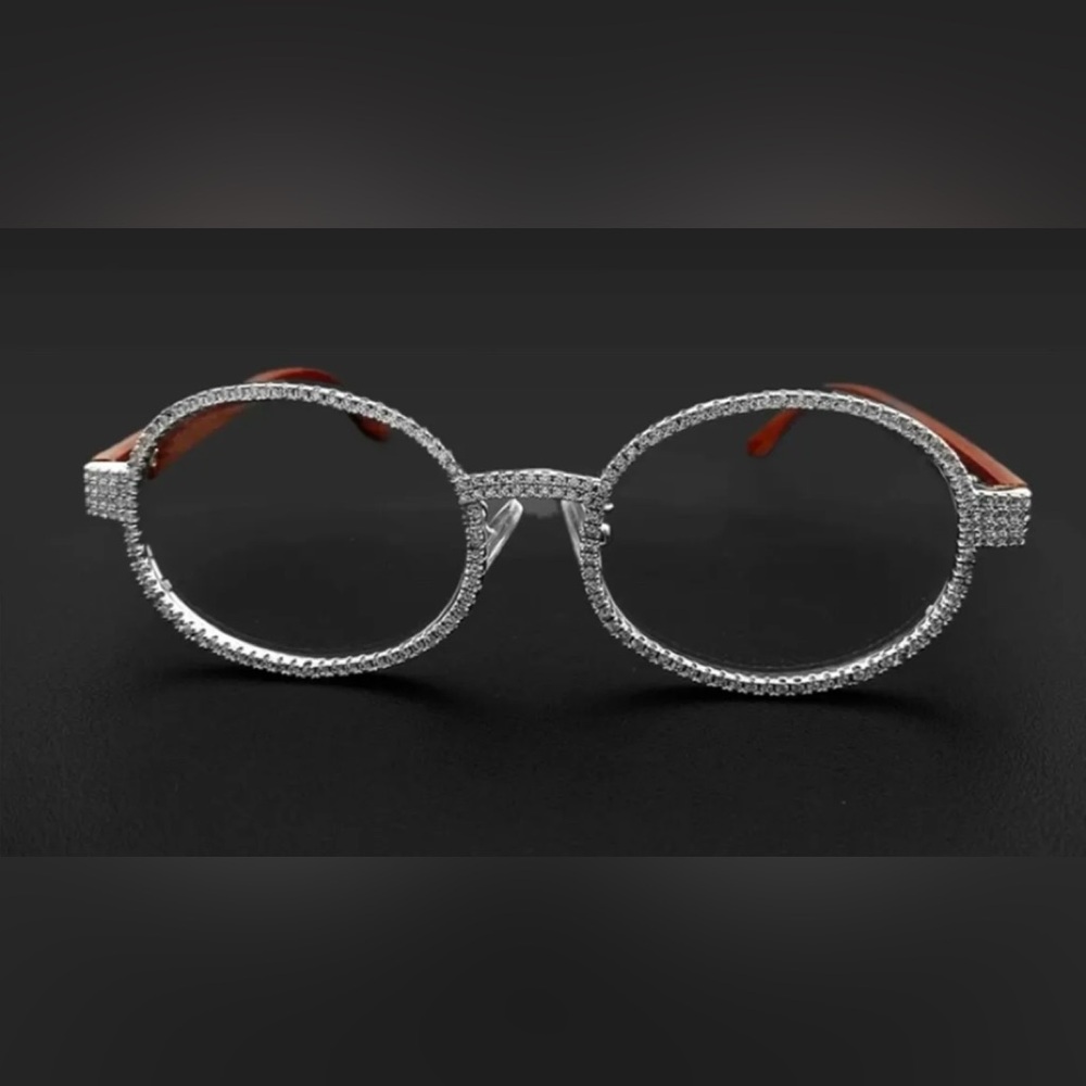 Clear cz eye glasses with sterling 925 and wood temples. Large size! New!